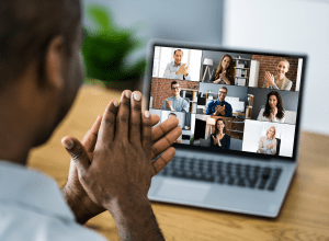 Home office setting or workers in virtual meeting